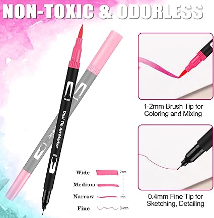 FORETOY Rotuladores Lettering 24 Colores Rotulador Doble Punta Pincel y Punta Fina Acuarelables Brush Pen Marcadores para Niños Lettering Arte Dibujo Caligrafía Libros para Colorear - Imagen 3