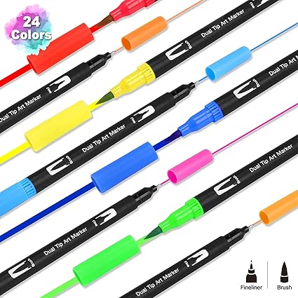 FORETOY Rotuladores Lettering 24 Colores Rotulador Doble Punta Pincel y Punta Fina Acuarelables Brush Pen Marcadores para Niños Lettering Arte Dibujo Caligrafía Libros para Colorear - Imagen 2