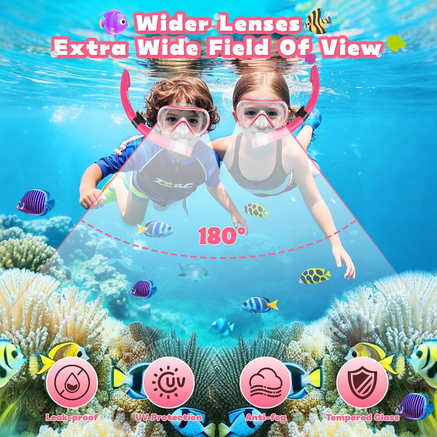 Zikenis Gafas de Buceo para niños,Set de Snorkel para niños de 4 a 16 años,panorámicas HD de 180° con Snorkel seco y Lente de Vidrio Templado, niños - Imagen 3