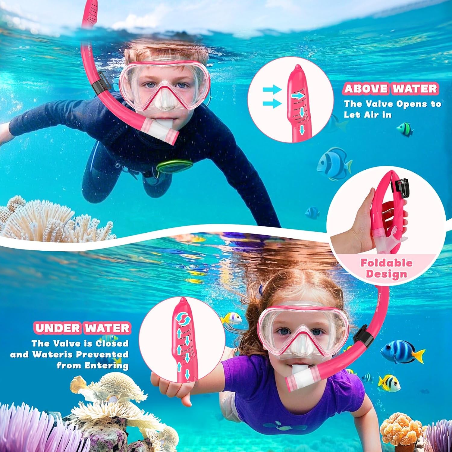 Zikenis Gafas de Buceo para niños,Set de Snorkel para niños de 4 a 16 años,panorámicas HD de 180° con Snorkel seco y Lente de Vidrio Templado, niños - Imagen 2
