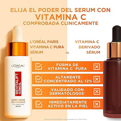 L'Oréal Paris Sérum Facial 12% Pura Vitamina C , Piel más luminosa y poros menos visibles, Reduce las arrugas, la despigmentación y los poros, Revitalift Clinical, 30 ml - Imagen 4