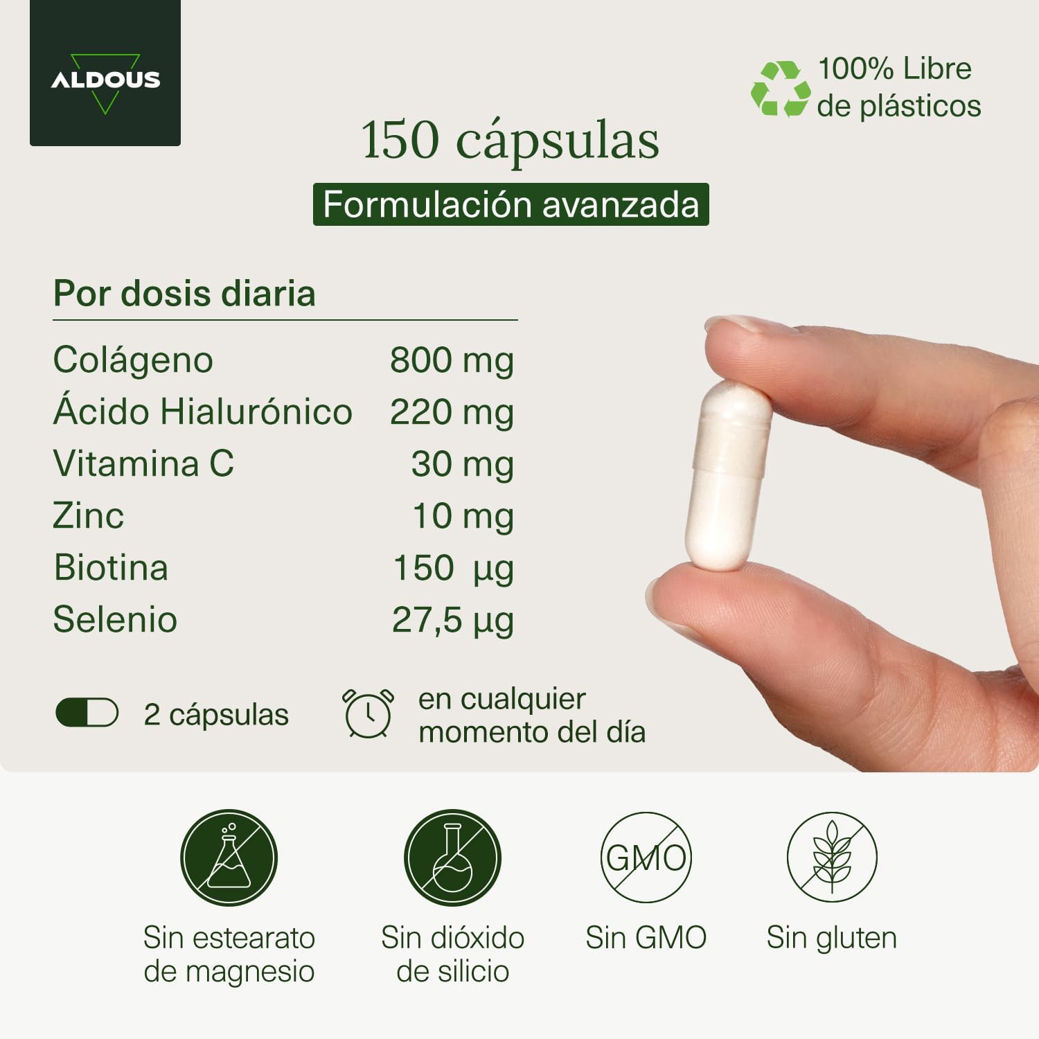 Colágeno Hidrolizado + Ácido Hialurónico 220 mg - 150 Cápsulas - 800 mg de Colágeno por Dosis - Piel Hidratada y Articulaciones Fuertes - Vitaminas para Cabello, Piel y Uñas - Zinc, Biotina, Selenio - Imagen 3