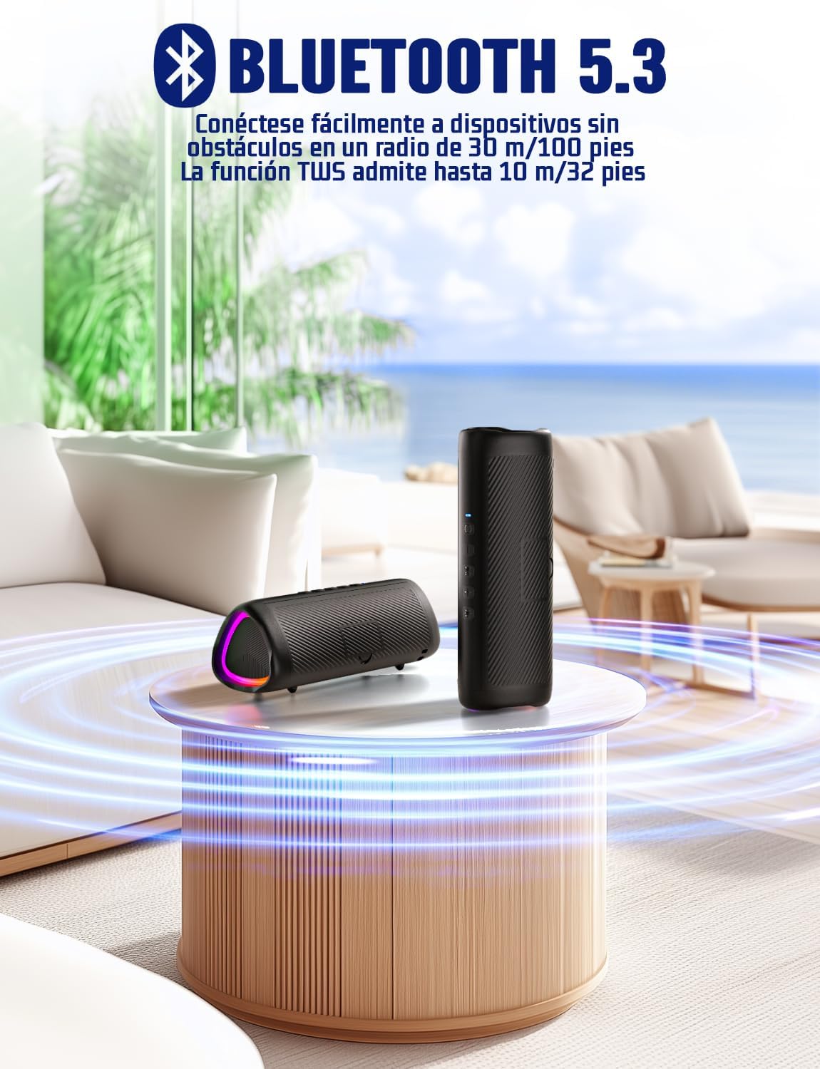 UOHHBOE Altavoz Bluetooth 5.3, 30W Altavoz Bluetooth Potente con Luz LED de Color, Bajos Potentes y Agudos Claros, Impermeable IPX5, 24H de Reproducción Bluetooth Speaker con Emparejamiento TWS - Imagen 3