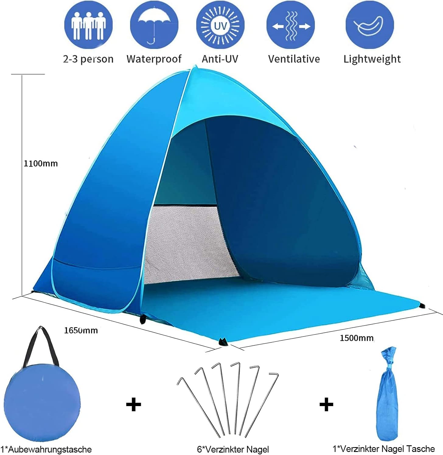 Tienda de Playa para 1-3 personas Anti-UV Protección Solar UPF 50, Portátil para Jardín, Camping, Viajes, Pesca, Picnic y Deportes al Aire Libre (165*150*110)cm - Imagen 4
