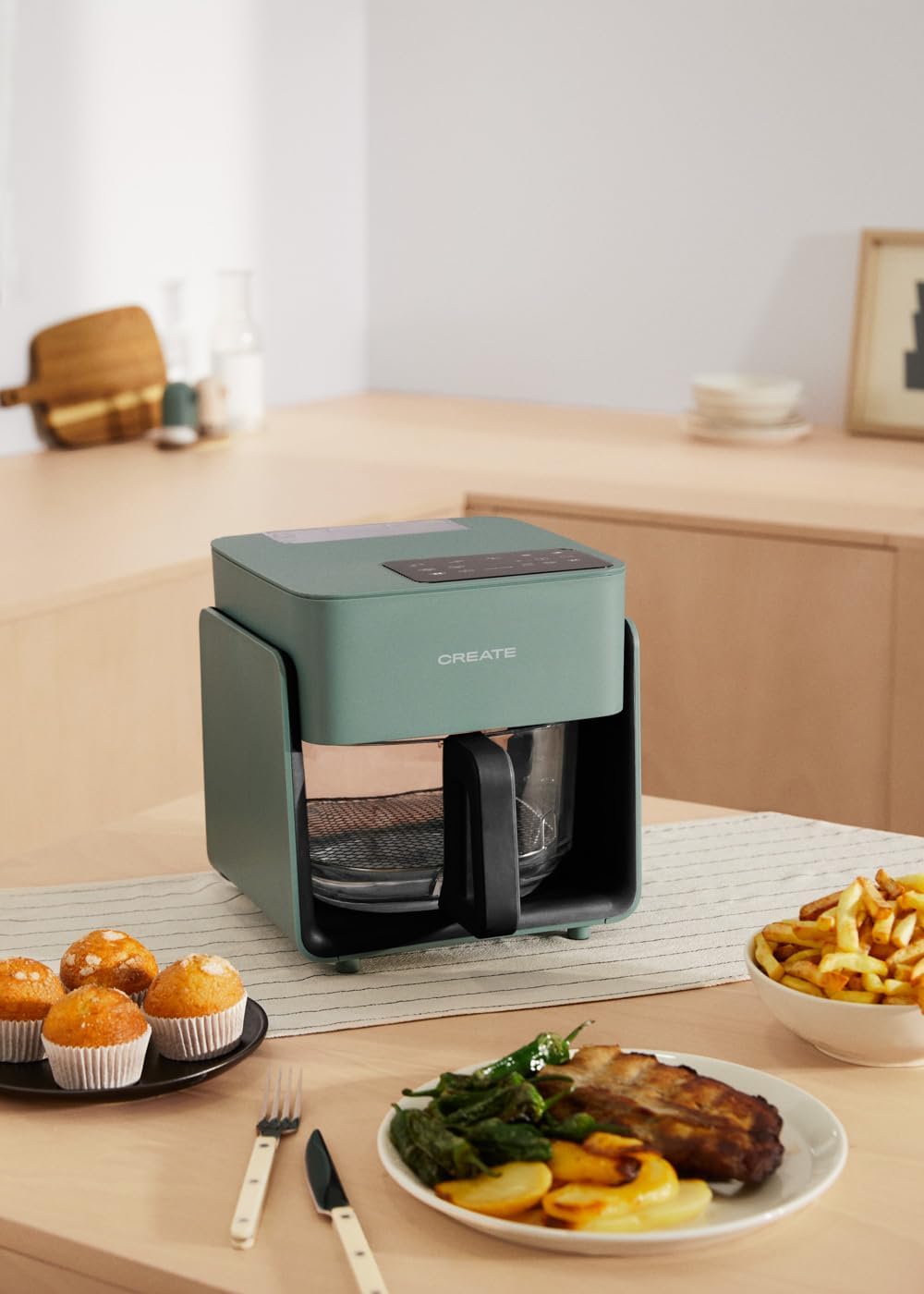 CREATE/AIR FRYER MIST/Freidora sin aceite 4.2 L con vaporizador de agua verde sage/Capacidad 5-6 raciones, 6 programas, bandeja de cristal, control de tiempo y tempertura, 1300W - Imagen 3