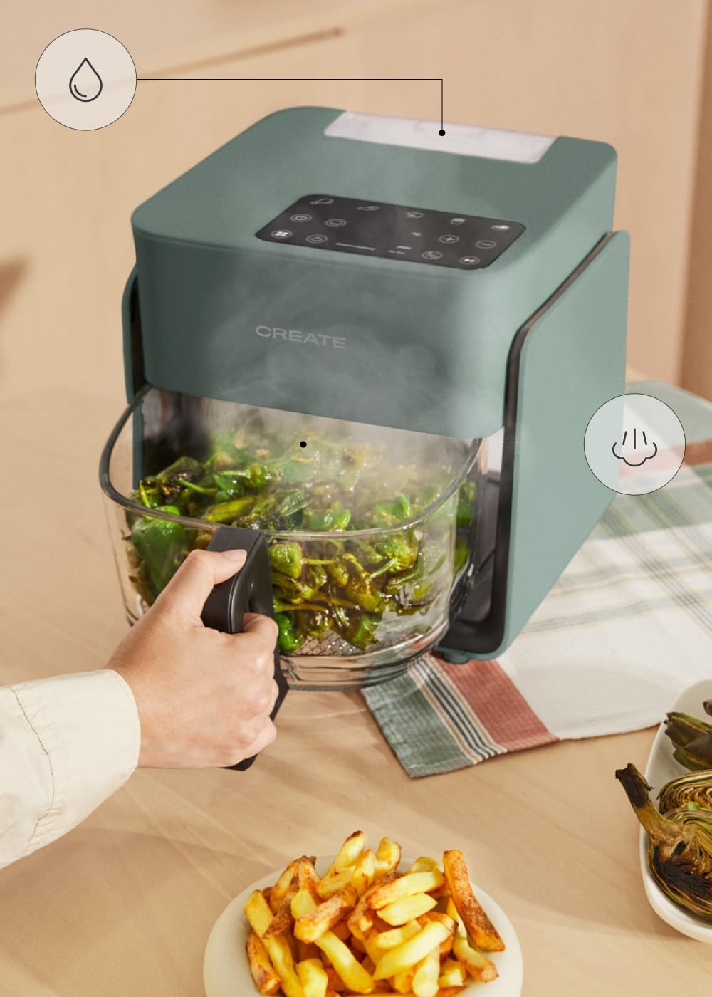 CREATE/AIR FRYER MIST/Freidora sin aceite 4.2 L con vaporizador de agua verde sage/Capacidad 5-6 raciones, 6 programas, bandeja de cristal, control de tiempo y tempertura, 1300W - Imagen 4