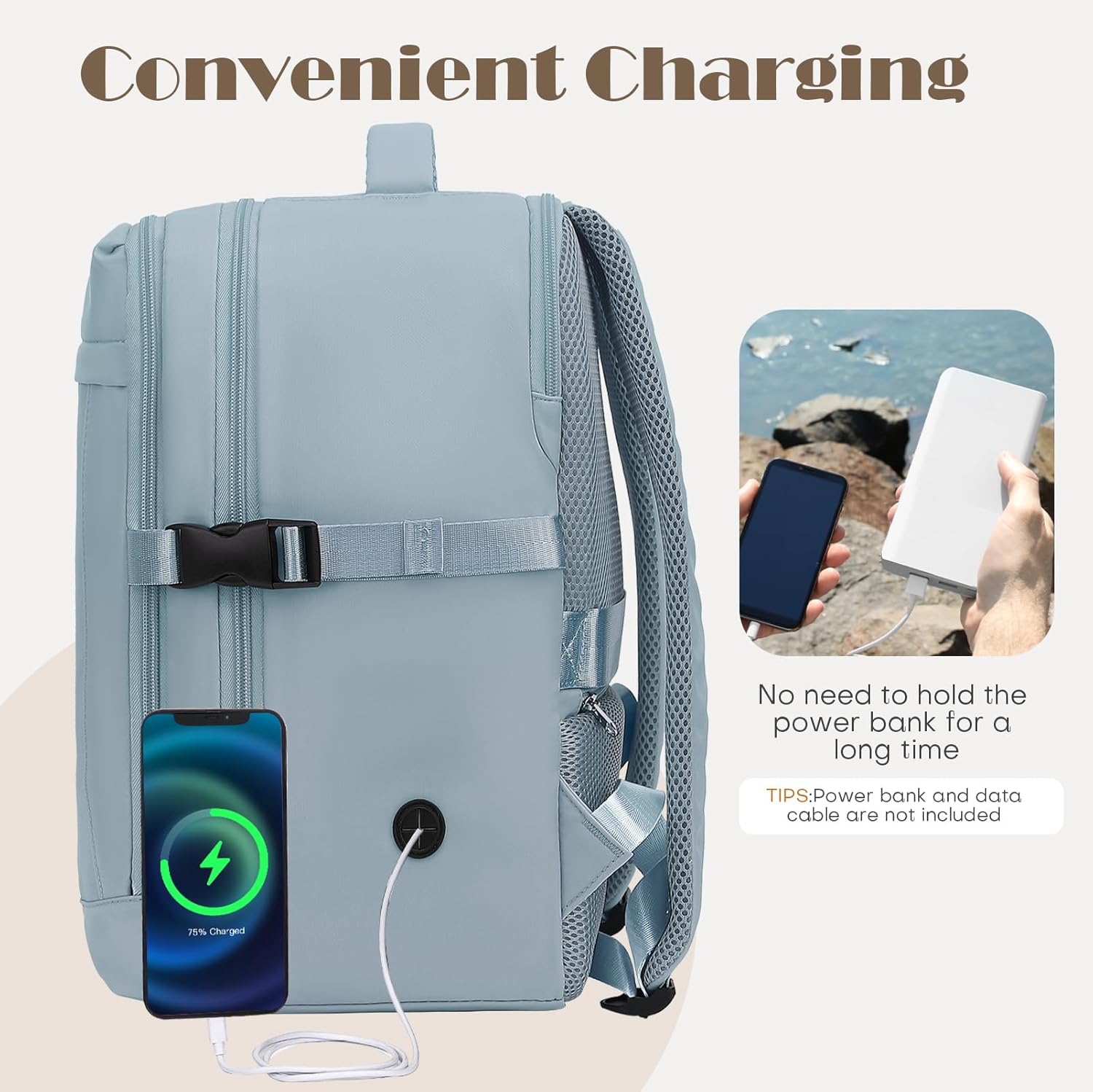 Mochila Viaje Cabina Avion 40x20x25, Mochilas Cabina para Ryanair 40x20x25cm Maletas De Viaje Mujer Hombre Equipaje De Mano 40x20x25 Bolsa 20L con Orificio De Carga Y Bolsillo Antirrobo - Imagen 3