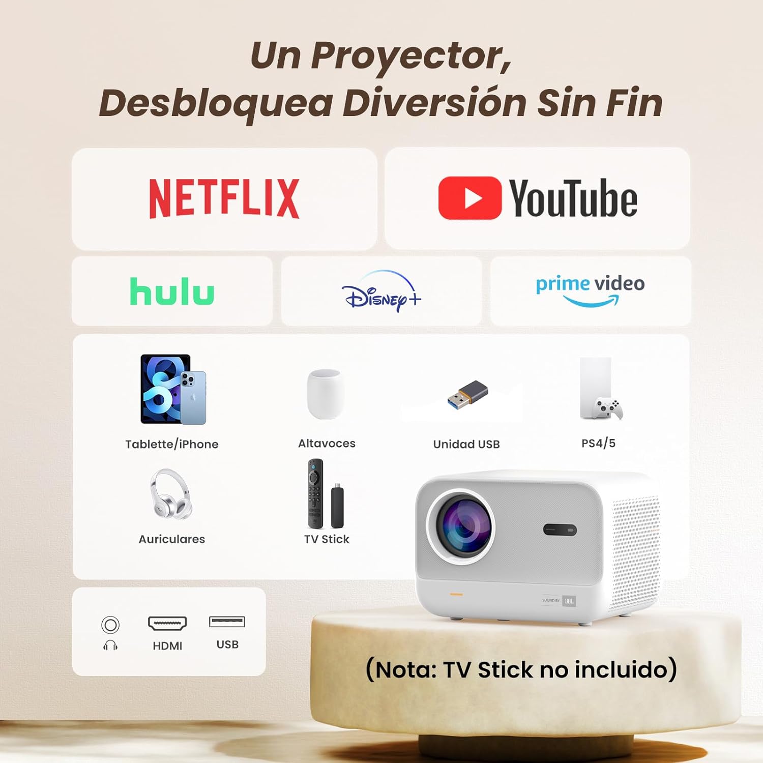Proyector Portátil 4K Full HD 1080P Nativo con Sonido JBL & Enfoque Automático 1s, WiFi 6 Bluetooth, para Cine en Casa/Exterior Compatible con Móvil/iOS/Android/TV Stick/PS5/HDMI - Imagen 3