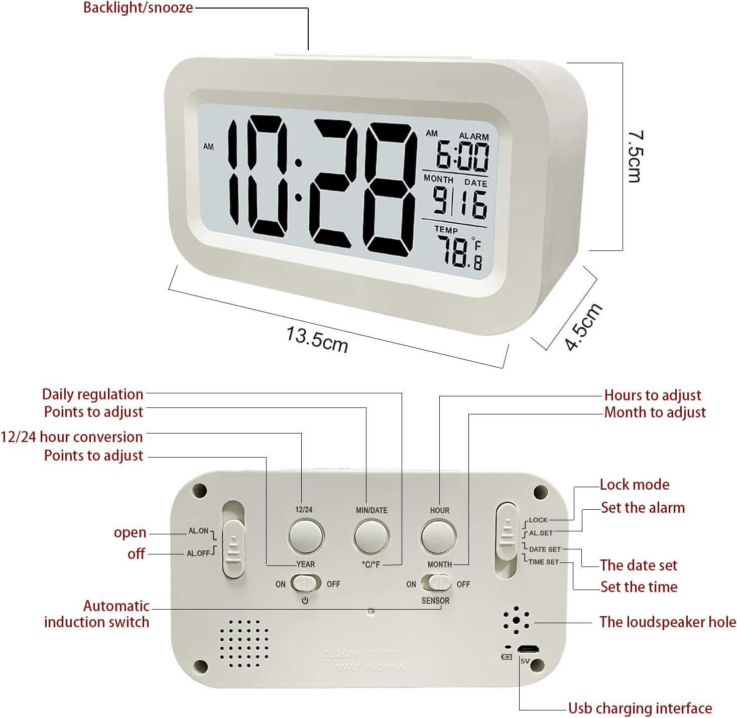Reloj Despertador Digital, LED Pantalla Reloj Alarma Inteligente con Temperatura, Sensor de Brillo, 12/24 Horas, Función Snooze y Alarma para Dormitorio, Hogar, Oficina(Recargable,Blanco) - Imagen 3