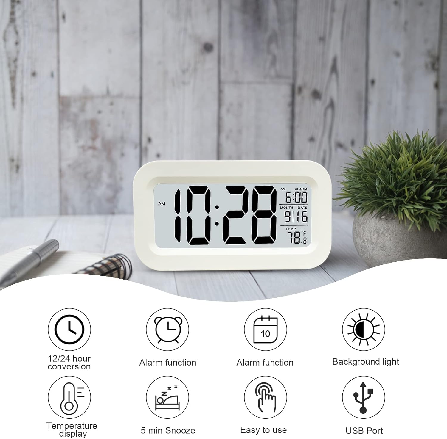 Reloj Despertador Digital, LED Pantalla Reloj Alarma Inteligente con Temperatura, Sensor de Brillo, 12/24 Horas, Función Snooze y Alarma para Dormitorio, Hogar, Oficina(Recargable,Blanco) - Imagen 4
