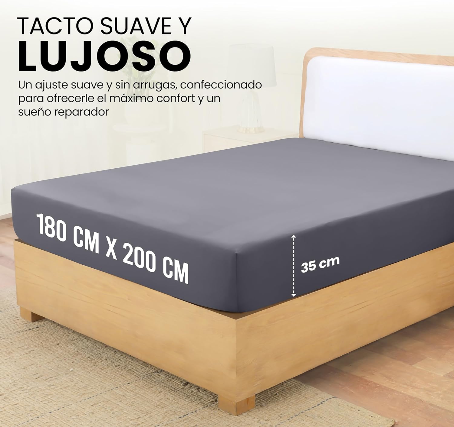 Sabana Bajera 180x200 - Gris - Bolsillo Profundo - Microfibra de PoliƩster Cepillado (Cama 180) - Imagen 2