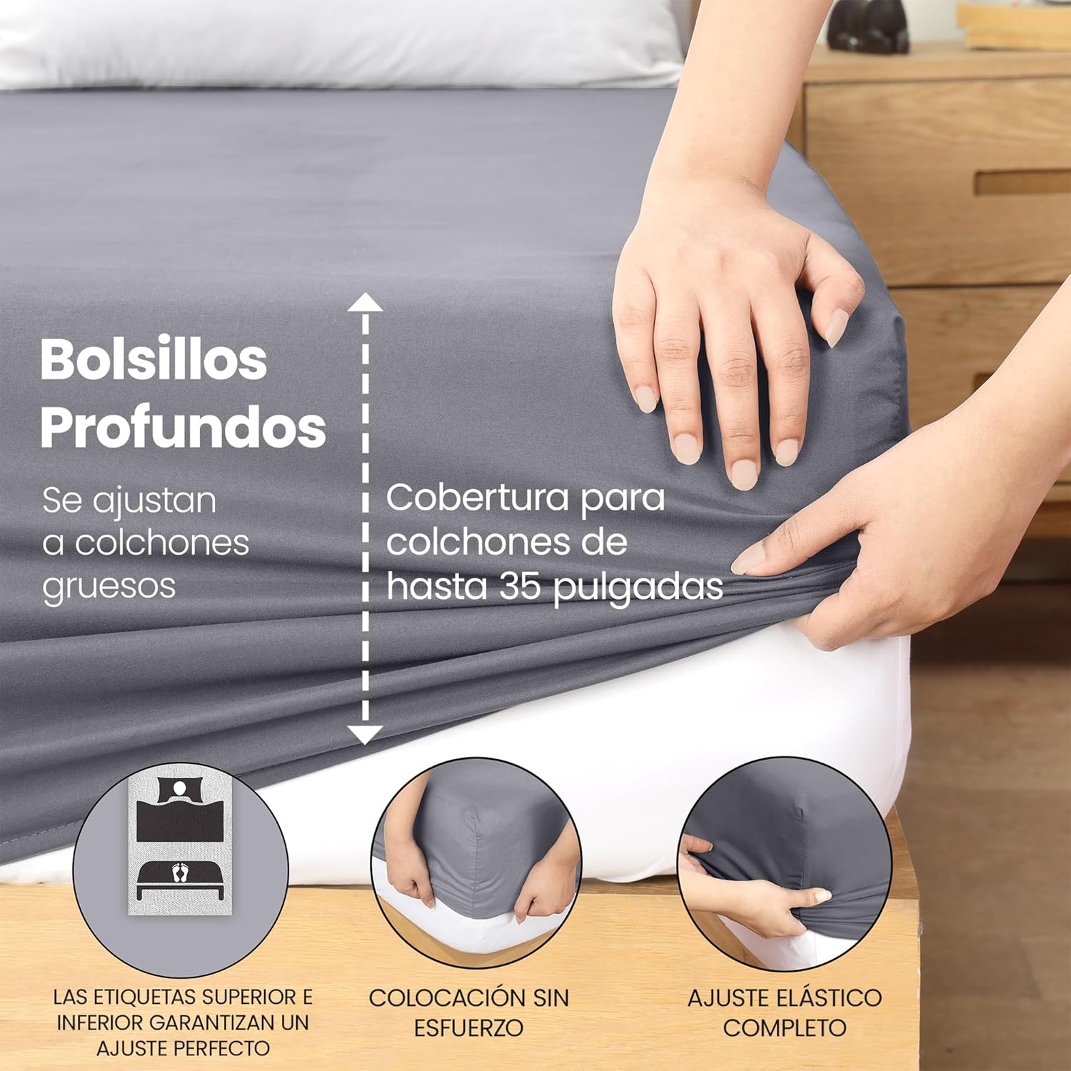 Sabana Bajera 180x200 - Gris - Bolsillo Profundo - Microfibra de PoliƩster Cepillado (Cama 180) - Imagen 4