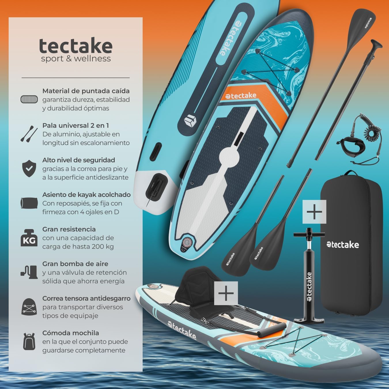 Tabla de Paddle Surf Hinchable Con Remo 2 en 1, Asiento de Kayak, Bomba de Aire, Mochila de Transporte y Accesorios - Imagen 2