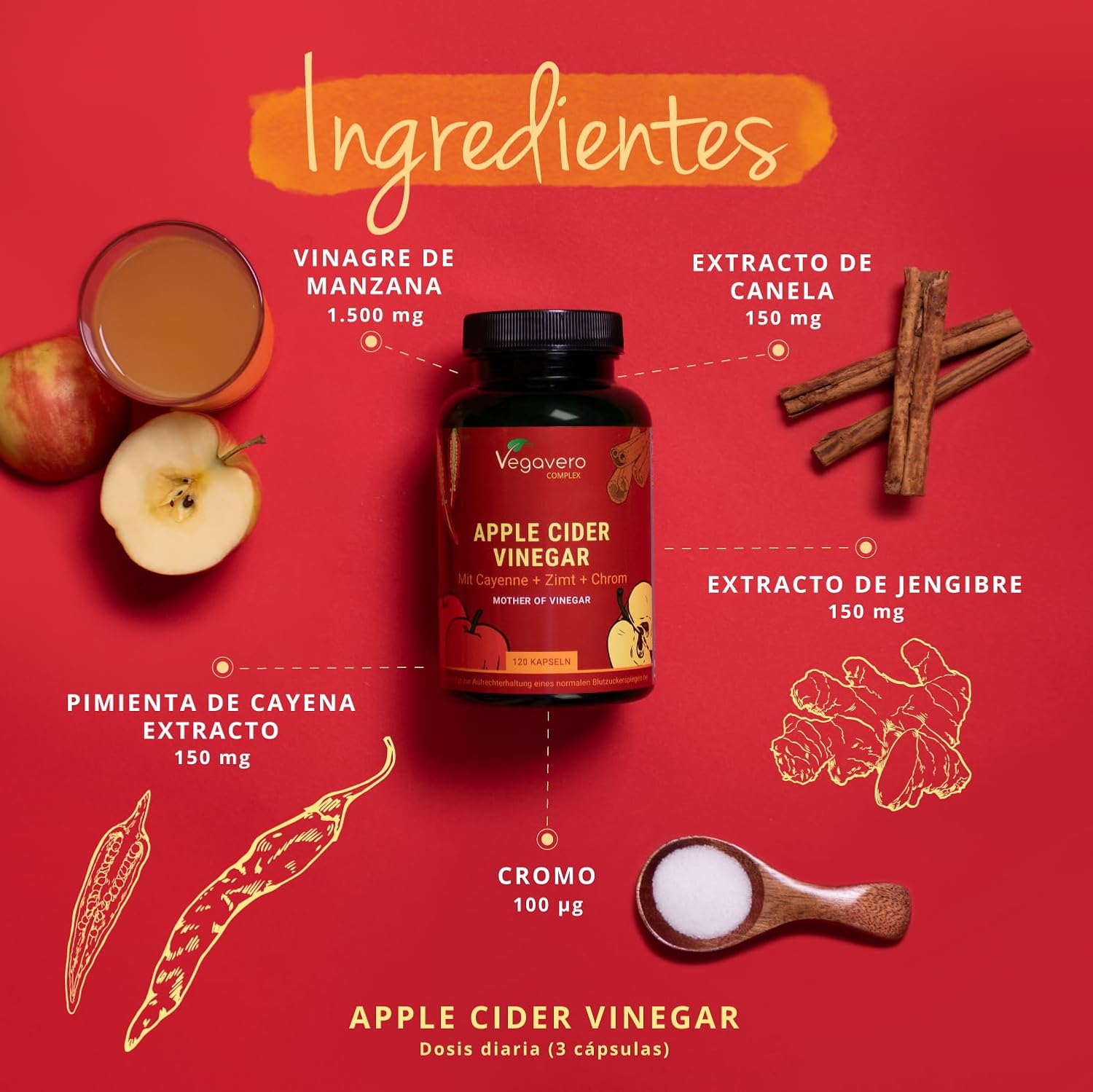 Vinagre de Sidra de Manzana Con Alta Dosis: 1950 mg, Con Cayena, Jengibre, Canela y Cromo, Apoyo Metabólico Completo, 120 Cápsulas, Vegano y Sin Aditivos . - Imagen 3