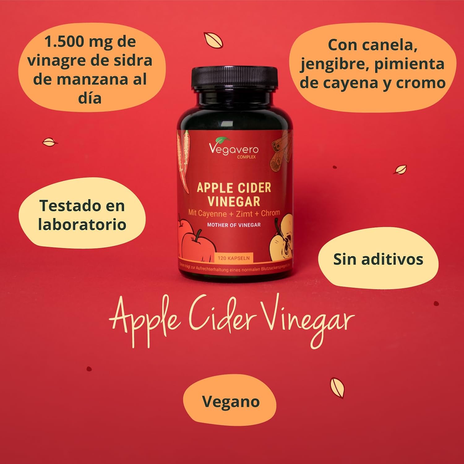 Vinagre de Sidra de Manzana Con Alta Dosis: 1950 mg, Con Cayena, Jengibre, Canela y Cromo, Apoyo Metabólico Completo, 120 Cápsulas, Vegano y Sin Aditivos . - Imagen 4