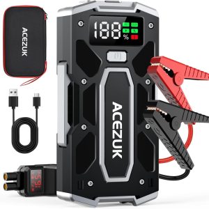 ACEZUK Arrancador de Coches 7000A, Arrancadores de Bateria de Coche Portátil(hasta 8.0L de diésel o 10.0L de Gasolina), 12V Jump Starter, Pinzas Inteligentes con Pantalla, Luz LED, Puerto QC3.0