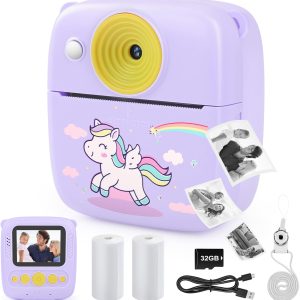 Dhapy Camara Fotos Infantil Instantanea, Cámara De Fotos Infantil De 48 MP con Papel De Impresión Y Tarjeta TF De 32 GB, Camara Fotos Instantaneas 1080P, Regalo Niños Y Niñas De 3 4 5 6 7 8 9 Púrpura