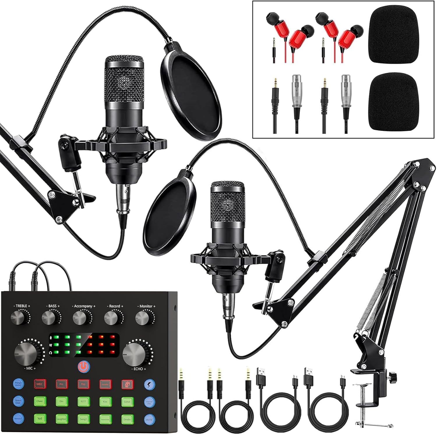 Paquete de equipo de podcast para 2, cambiador de voz y micrófono de condensador - set de micrófonos de podcast para gamers, podcasting, grabación, canto y streaming.