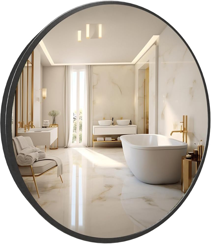 Marctani Espejo Redondo con Marco de Metal - Espejos Decorativos de Pared Elegante y Moderno - Espejo Entrada Recibidor - Ideal para Decoracion de Baño, Salon y Entraditas Recibidores (Negro, 80 cm)