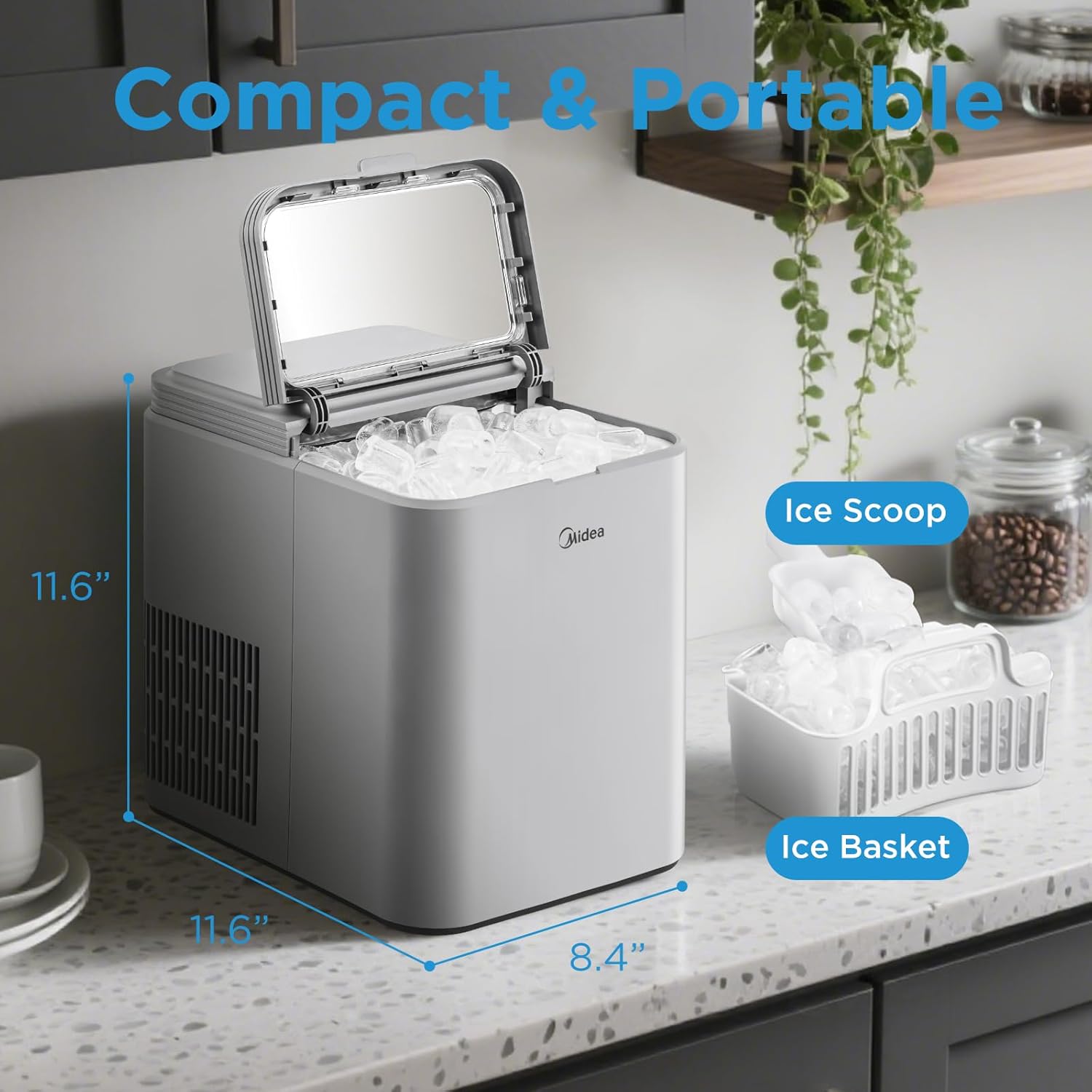 Midea MERI26B1AGY Ice Maker Countertop, 26lbs Portable Ice Maker, 8 Cubes Ready in 6 Mins, Self-Cleaning with Ice Basket and Scoop, 2 Sizes of Bullet Ice for Home, Camping, Office, Party - Imagen 3