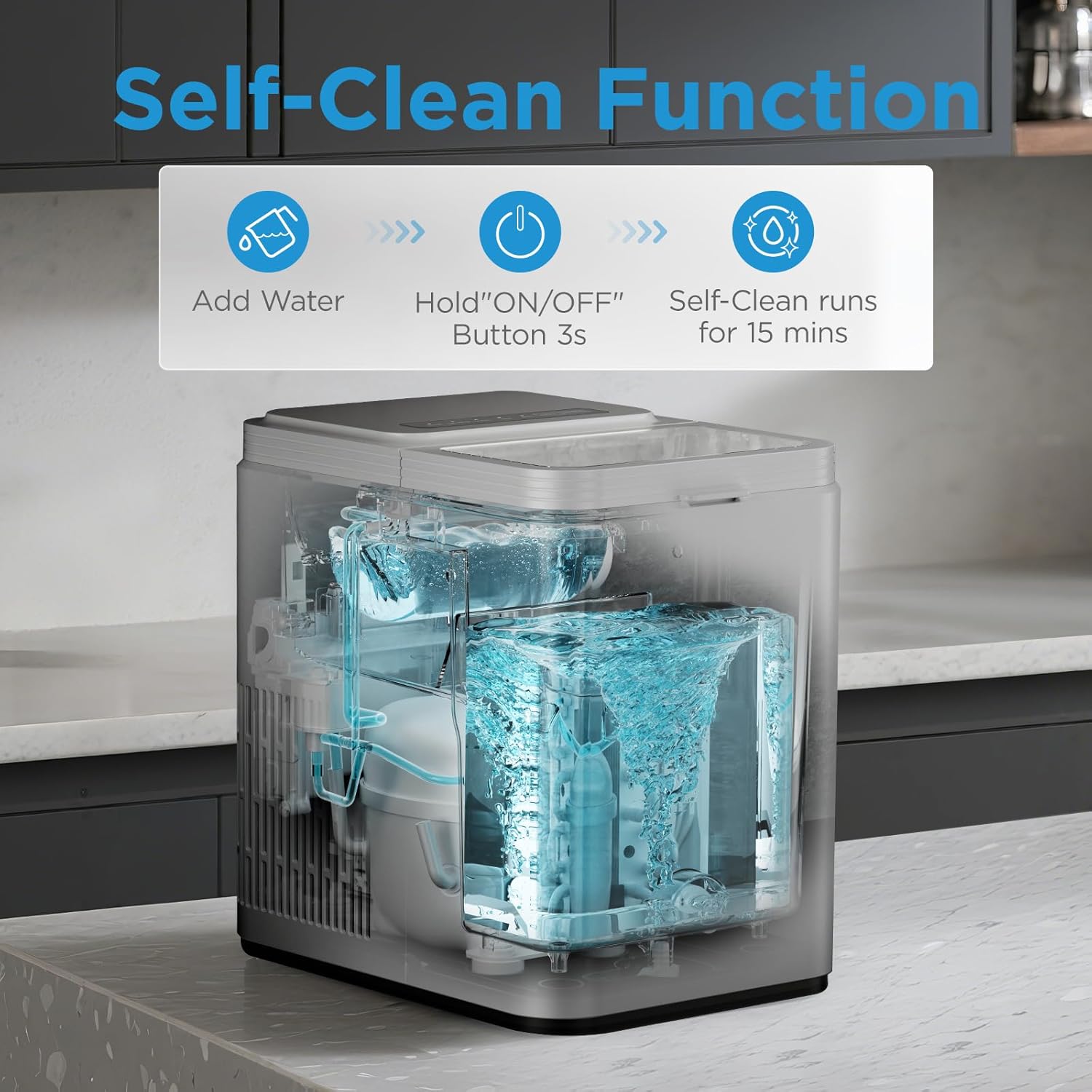 Midea MERI26B1AGY Ice Maker Countertop, 26lbs Portable Ice Maker, 8 Cubes Ready in 6 Mins, Self-Cleaning with Ice Basket and Scoop, 2 Sizes of Bullet Ice for Home, Camping, Office, Party - Imagen 4