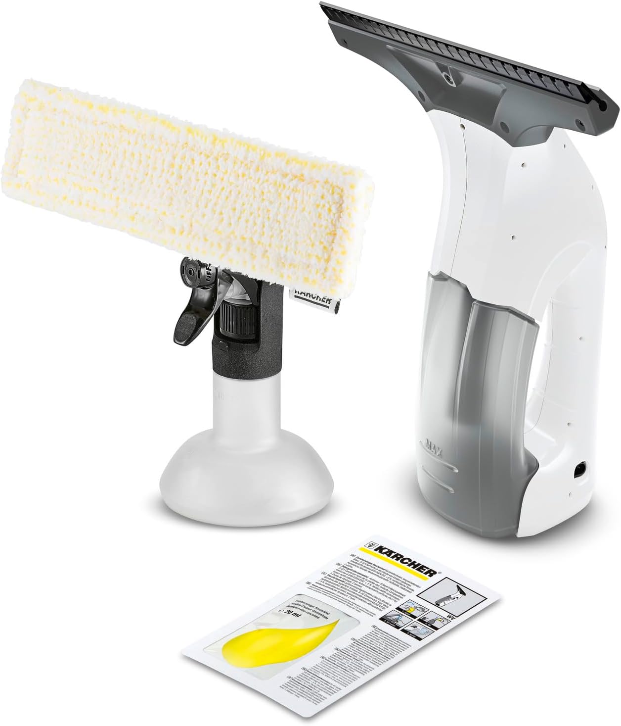 Kärcher Limpiadora de Cristales WV 1 Plus, autonomía batería: 20 min, indicador LED estado batería, depósito agua sucia: 100 ml, peso: 0,5 kg, pulverizador, paño microfibra, 20 ml detergente