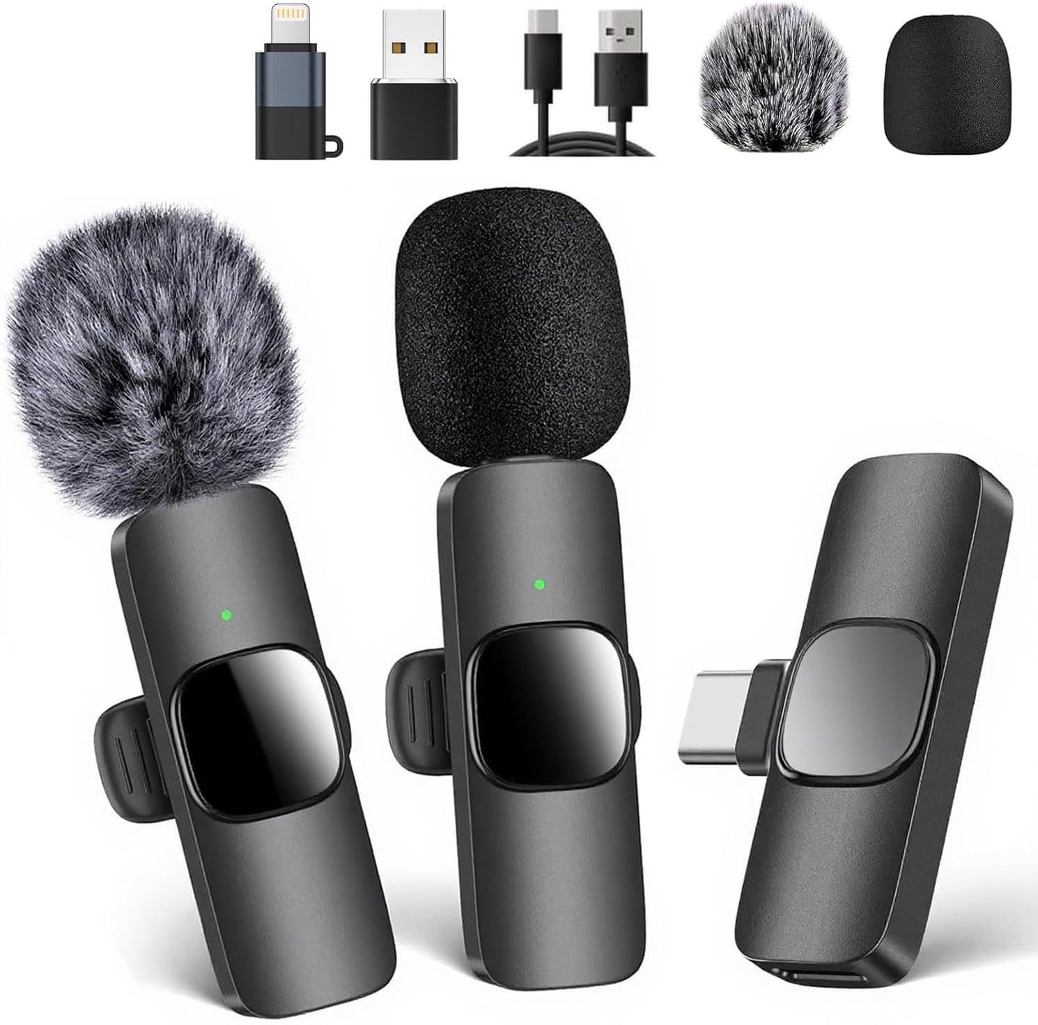 LauCentral Micrófono Lavalier Inalámbrico Plug & Play, Compatible con iOS/Android, 2 Mics para Grabación de Vídeo/Vlog/Podcast, Función de Reducción de Ruido, Conexiones USB/iOS, Uso Sin Aplicaciones