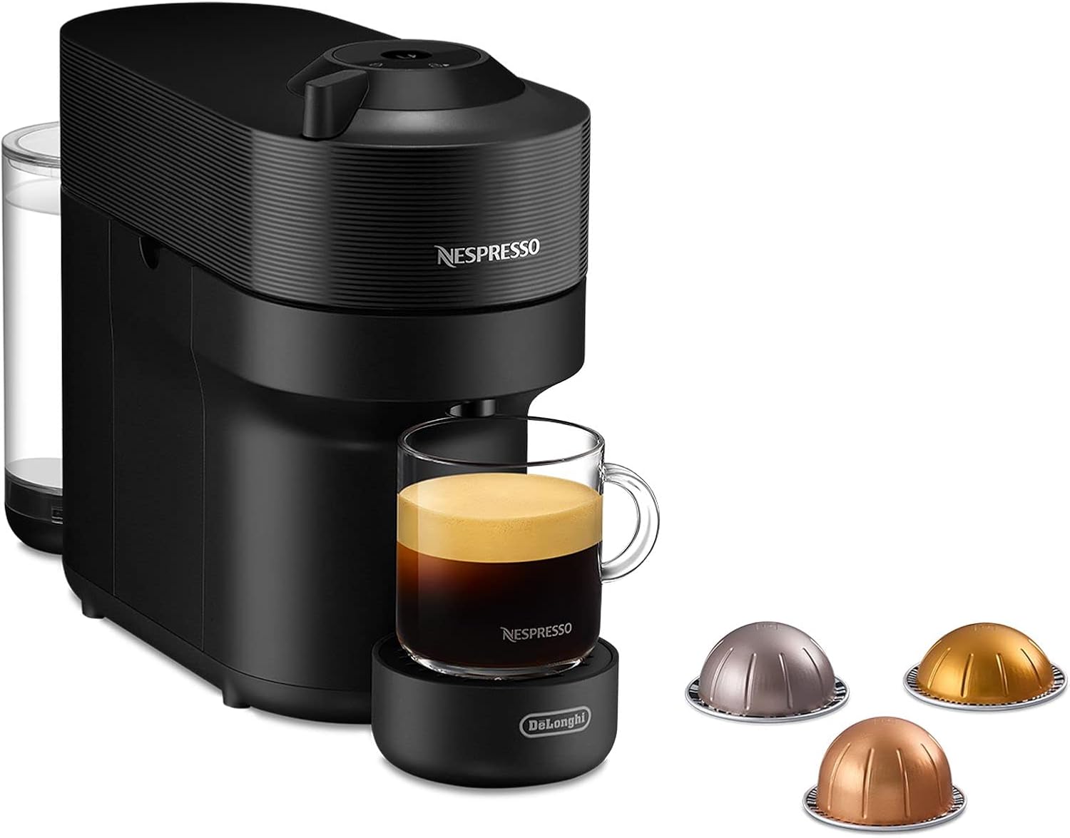 Nespresso De'Longhi Vertuo Pop ENV90.B, Cafetera Automática, Máquina de Café de Cápsulas Desechables, 4 Tamaños de Taza, Tecnología de Centrifugación, Set de Bienvenida Incluido, 1260W, Negro Regaliz