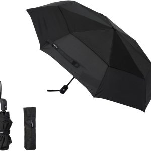 Amazon Basics Paraguas compacto de viaje automático, resistente al viento, con sistema de ventilación antiviento, Redonda, Negro, tamaño único, 28 x 98 cm