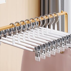 perchas para pantalones de metal, ahorran espacio, perchas con pinzas antideslizantes, perchas para faldas con clips antideslizantes, color blanco, 10 piezas de 30 cm.