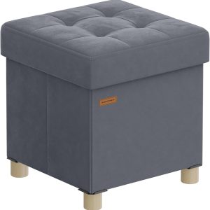 Puff almacenaje SONGMICS Puff Almacenaje Pequeño, Banco Plegable, 38 x 38 x 40 cm, Reposapiés, 37 L, Superficie de Terciopelo, para Dormitorio, Sala de Estar, Dormitorio, Gris Pizarra LSF0516G01