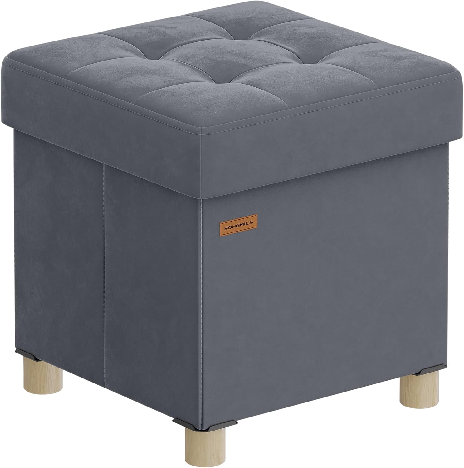 SONGMICS Puff Almacenaje Pequeño, Banco Plegable, 38 x 38 x 40 cm, Reposapiés, 37 L, Superficie de Terciopelo, para Dormitorio, Sala de Estar, Dormitorio, Gris Pizarra LSF0516G01