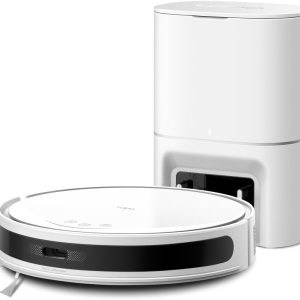 Robot Aspiradora Tapo RV20 MAX Plus Robot Aspirador, Blanco, con 5300Pa de succión, Base de autovaciado, navegación láser LiDAR, mapeo Inteligente, Limpieza 4 en 1, Control por Voz y App, Solo 83 mm de Alto