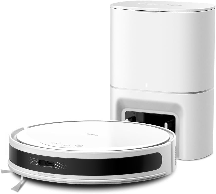 Tapo RV20 MAX Plus Robot Aspirador, Blanco, con 5300Pa de succión, Base de autovaciado, navegación láser LiDAR, mapeo Inteligente, Limpieza 4 en 1, Control por Voz y App, Solo 83 mm de Alto