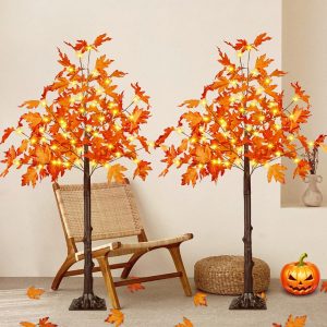 2 Pack 4FT Artificial Lighted Maple Tree, Fall Decorations for Home with Timer, 100 LED Prelit Fall Decor Maple Tree with Warm White Light for Indoor Outdoor Harvest Halloween Thanksgiving Day, Orange