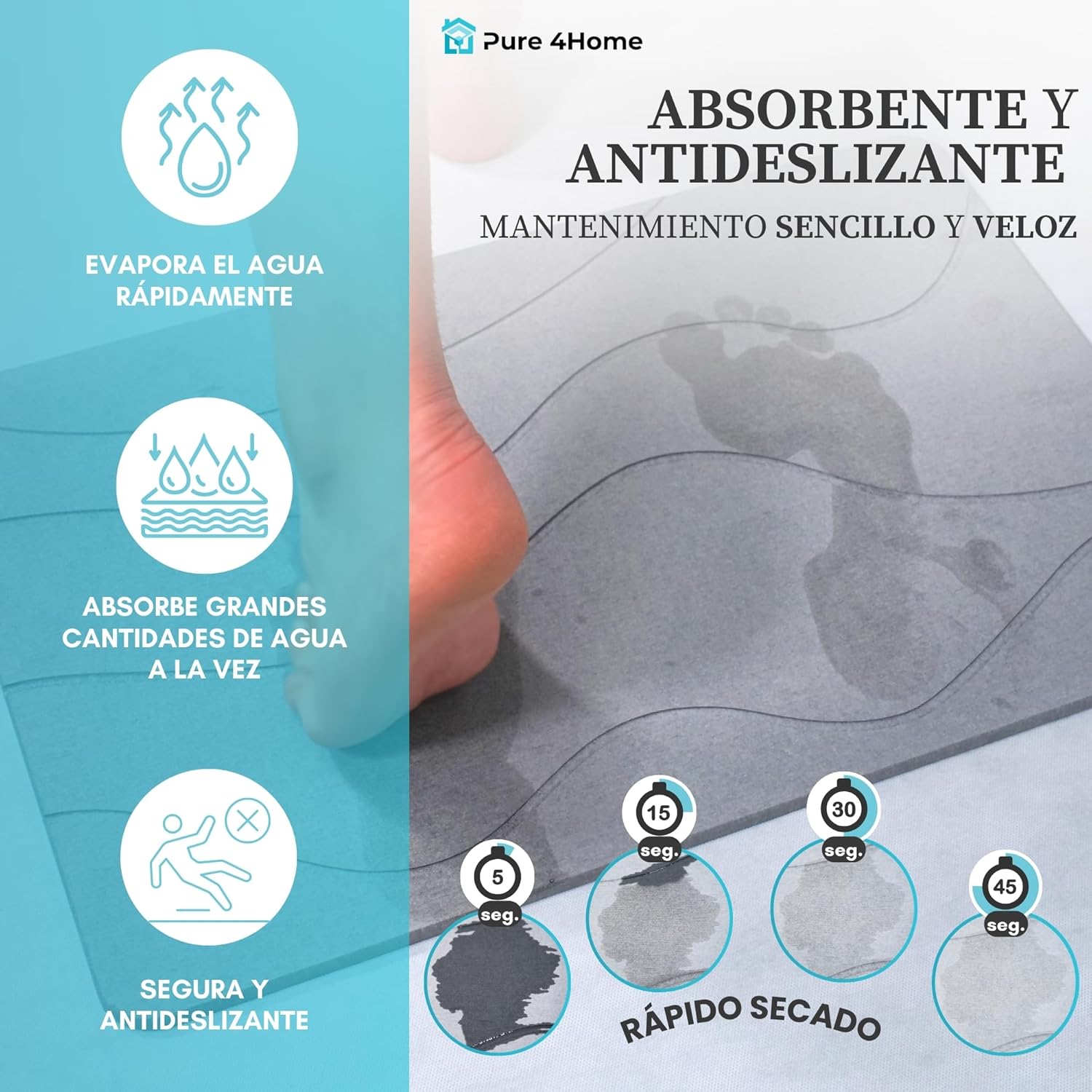 Pure 4Home Alfombra Diatomita Baño 60x40 – Secado Rápido, Antideslizante y Antibacteriana – Alfombrilla Piedra Diatomita Super Absorbente – Alfombrilla Diatomita - Stone Bath Mat (Grey Waves) - Imagen 2