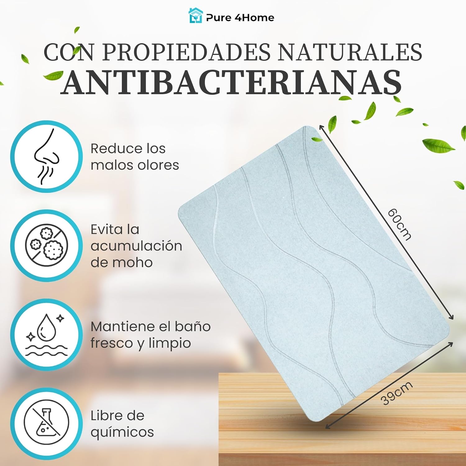 Pure 4Home Alfombra Diatomita Baño 60x40 – Secado Rápido, Antideslizante y Antibacteriana – Alfombrilla Piedra Diatomita Super Absorbente – Alfombrilla Diatomita - Stone Bath Mat (Grey Waves) - Imagen 3