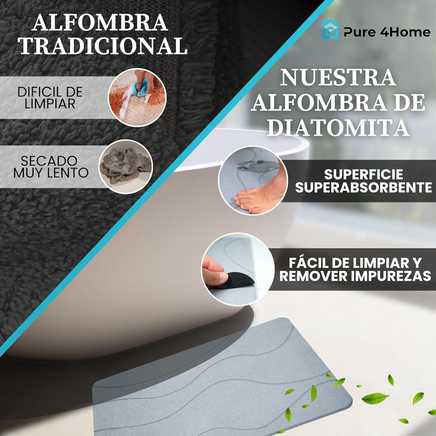 Pure 4Home Alfombra Diatomita Baño 60x40 – Secado Rápido, Antideslizante y Antibacteriana – Alfombrilla Piedra Diatomita Super Absorbente – Alfombrilla Diatomita - Stone Bath Mat (Grey Waves) - Imagen 4