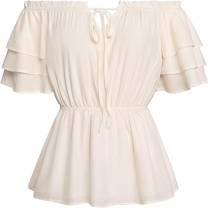 SCARLET DARKNESS Blusa renacentista vintage con volantes y hombros descubiertos para mujer
