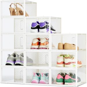 Amazon Basics - Caja organizadora de zapatos apilable y plegable, mediana, paquete de 12, Transparente