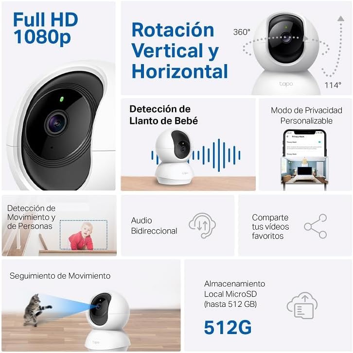 Tapo Cámara de vigilancia WiFi interior 360° 1080p C200C, visión nocturna, notificaciones en tiempo real, detección de personas, seguimiento de movimiento, control remoto, compatible con Alexa - Imagen 2