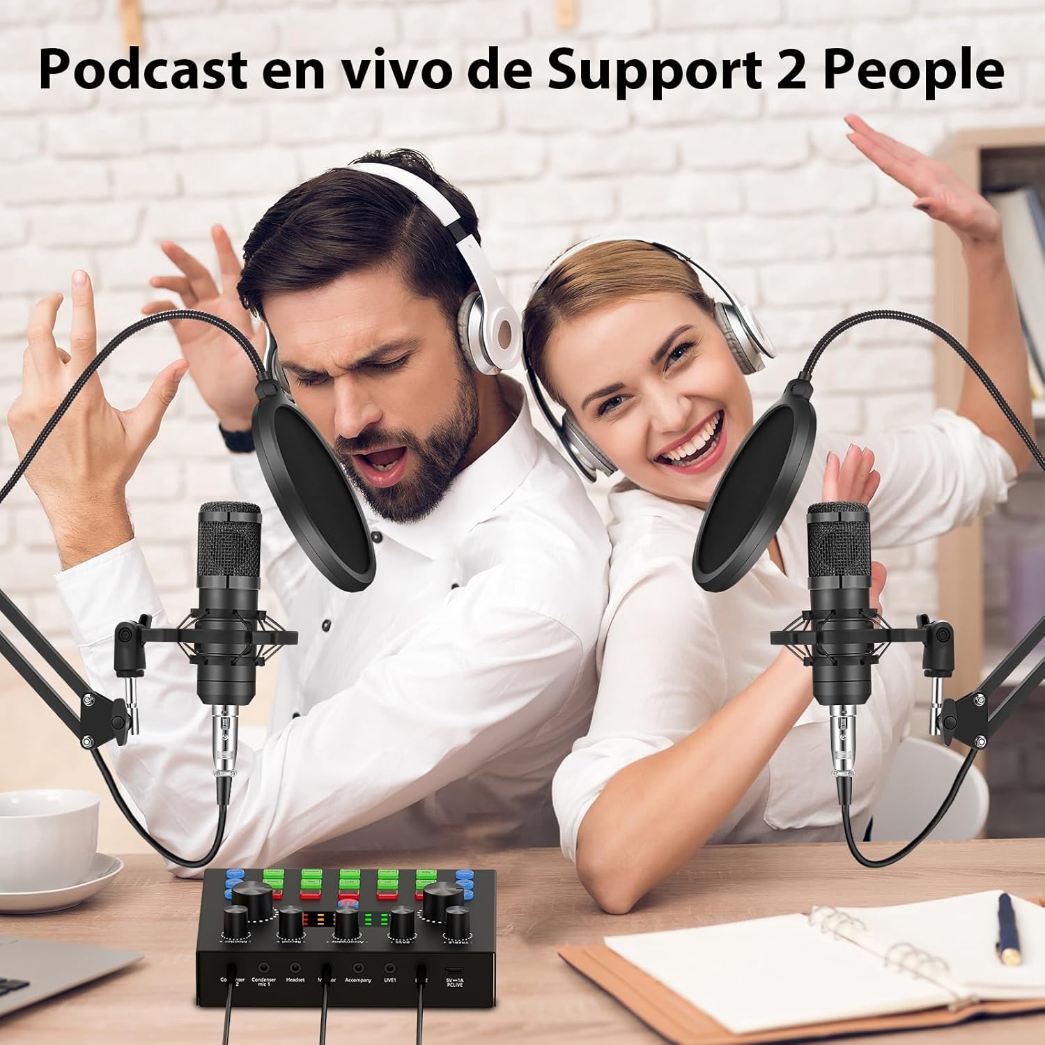 Paquete de equipo de podcast para 2, cambiador de voz y micrófono de condensador - set de micrófonos de podcast para gamers, podcasting, grabación, canto y streaming. - Imagen 2