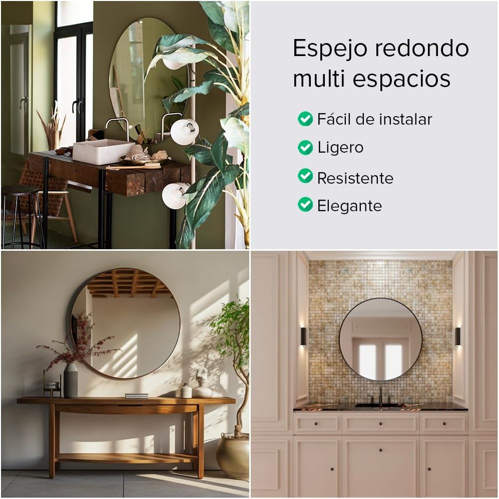 Marctani Espejo Redondo con Marco de Metal - Espejos Decorativos de Pared Elegante y Moderno - Espejo Entrada Recibidor - Ideal para Decoracion de Baño, Salon y Entraditas Recibidores (Negro, 80 cm) - Imagen 2