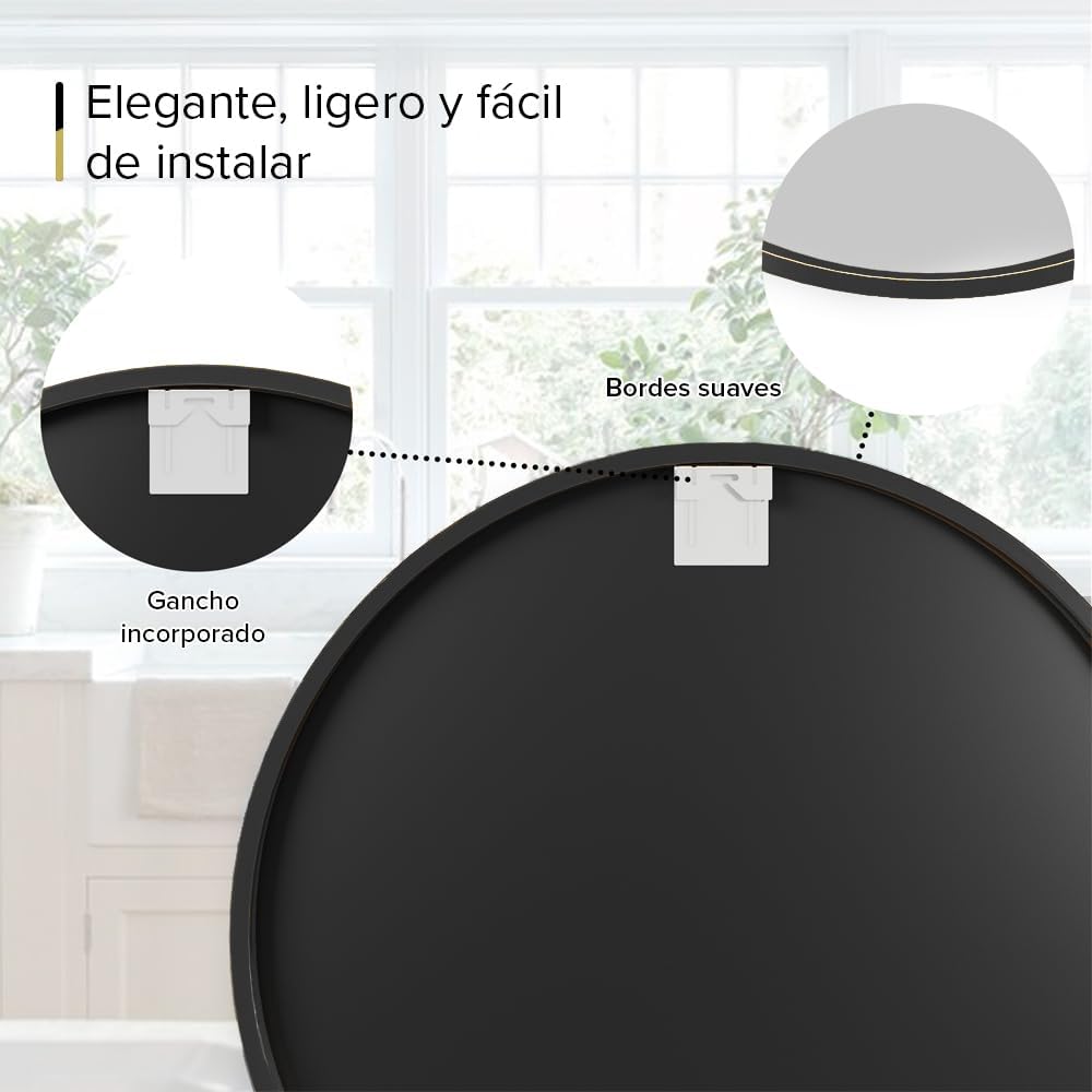 Marctani Espejo Redondo con Marco de Metal - Espejos Decorativos de Pared Elegante y Moderno - Espejo Entrada Recibidor - Ideal para Decoracion de Baño, Salon y Entraditas Recibidores (Negro, 80 cm) - Imagen 3