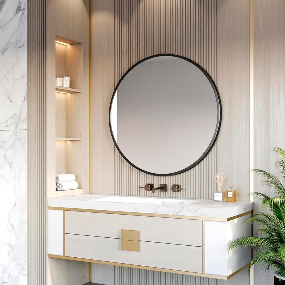 Marctani Espejo Redondo con Marco de Metal - Espejos Decorativos de Pared Elegante y Moderno - Espejo Entrada Recibidor - Ideal para Decoracion de Baño, Salon y Entraditas Recibidores (Negro, 80 cm) - Imagen 4
