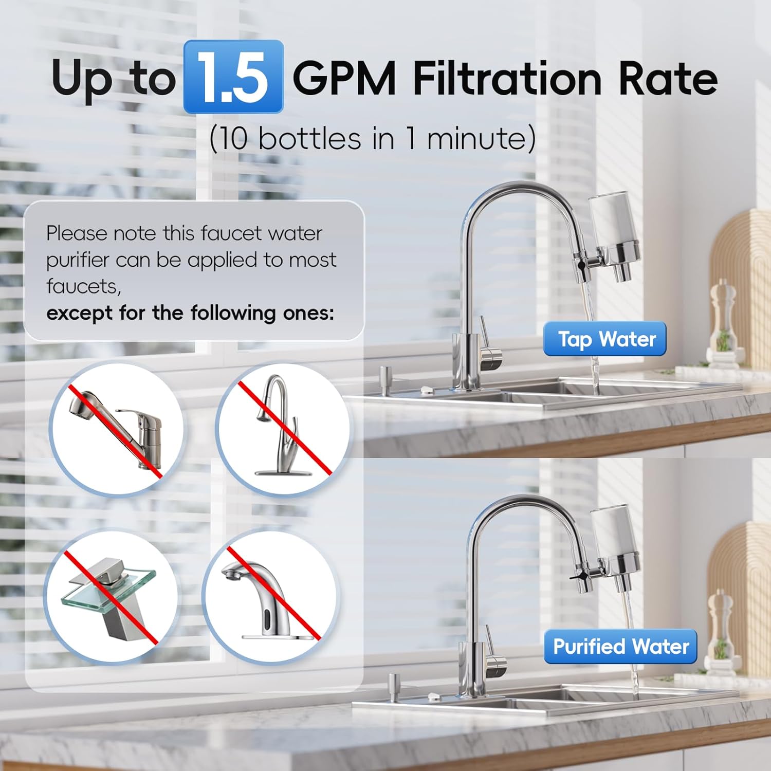 iSpring DF2-CL Filtro de Agua para Grifo para Fregadero de Cocina, Baño o Caravana, 500 Galones de Larga Duración, Transparente con Aireador - Imagen 3