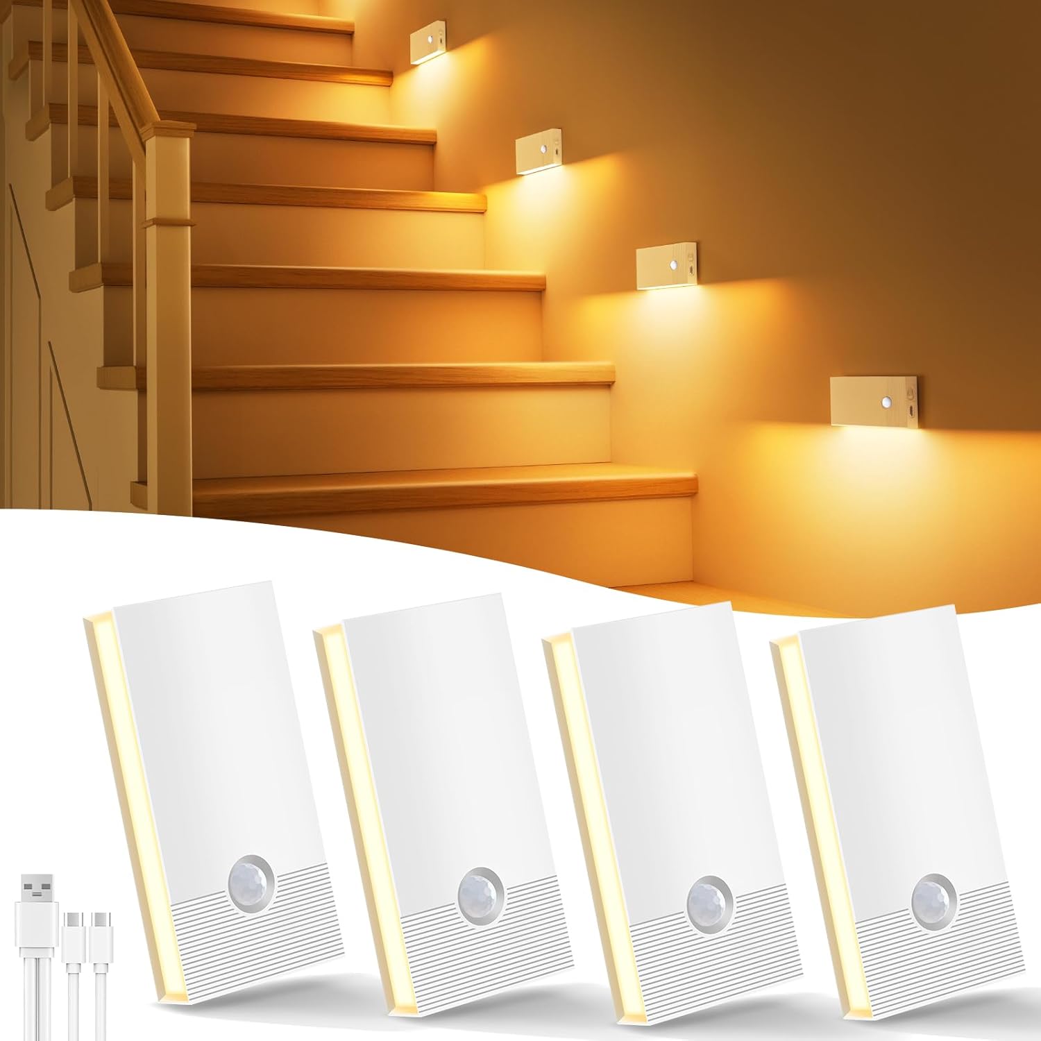 Swoieltr Luz Nocturna con Sensor de Movimiento, 4 Piezas Recargable Nocturna Infantil con 3 Modos, Luz Noche LED Luz Nocturna para Escaleras,Pasillo,Baño,Cocina, Habitaciones para niños,Blanco