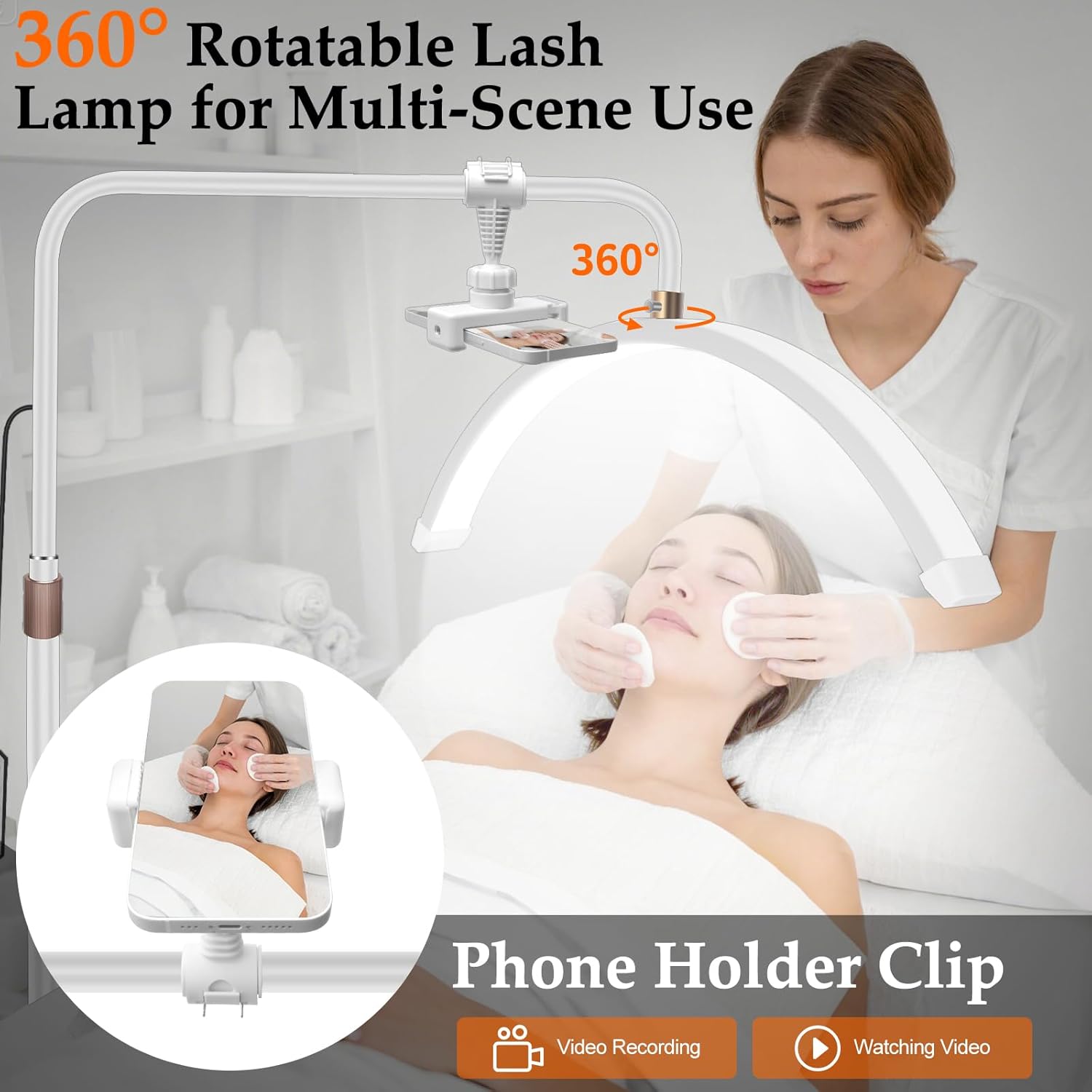 CGBE Lámpara Extensiones Pestañas de Pie: 23 Pulgadas 40W Lámpara Pestañas Media Luna con Soporte Teléfono - Cabezal Giratorio 360° - 3000K-7000K Regulable - para Pestañas/Cuidado de Piel/Tatuaje - Imagen 3