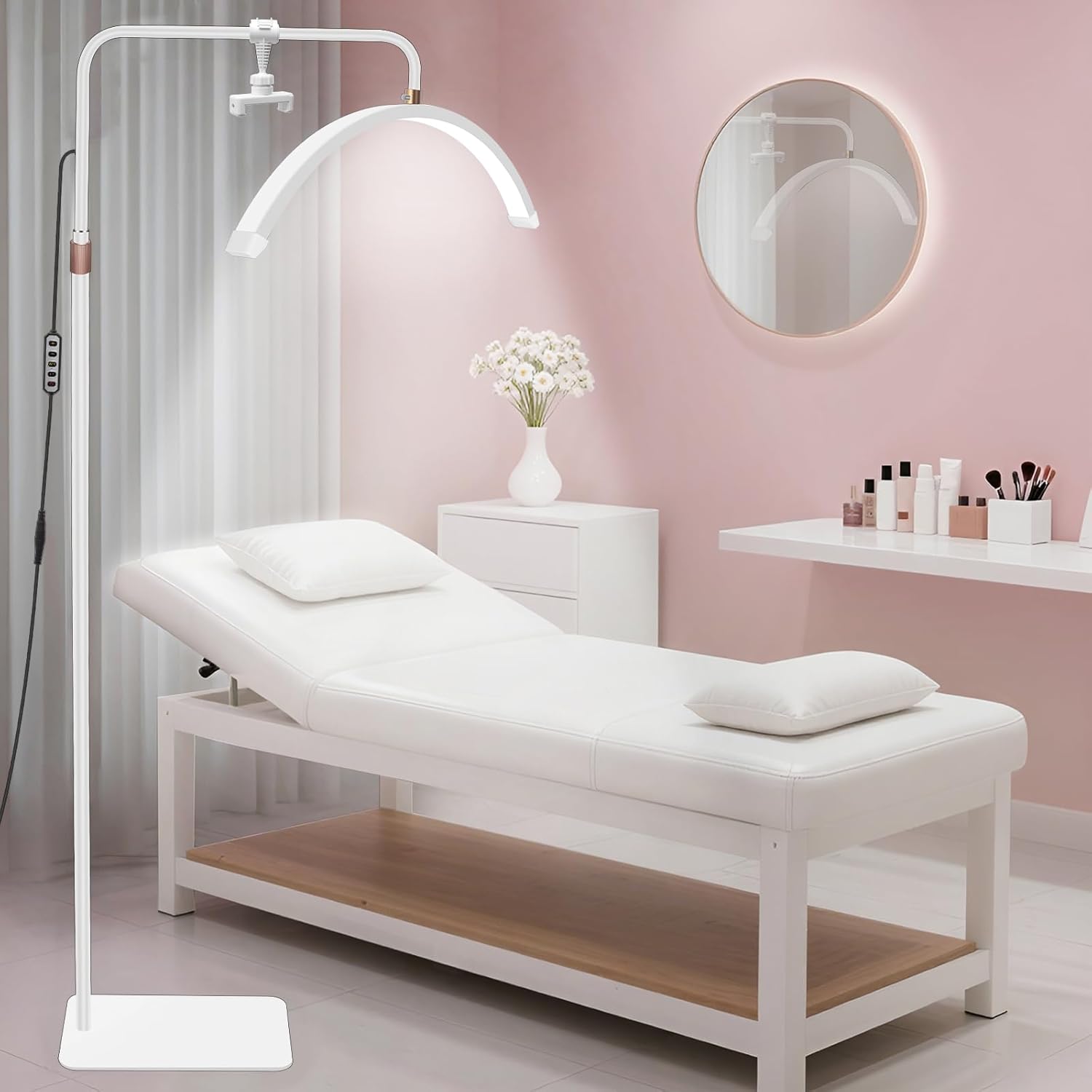 CGBE Lámpara Extensiones Pestañas de Pie: 23 Pulgadas 40W Lámpara Pestañas Media Luna con Soporte Teléfono - Cabezal Giratorio 360° - 3000K-7000K Regulable - para Pestañas/Cuidado de Piel/Tatuaje