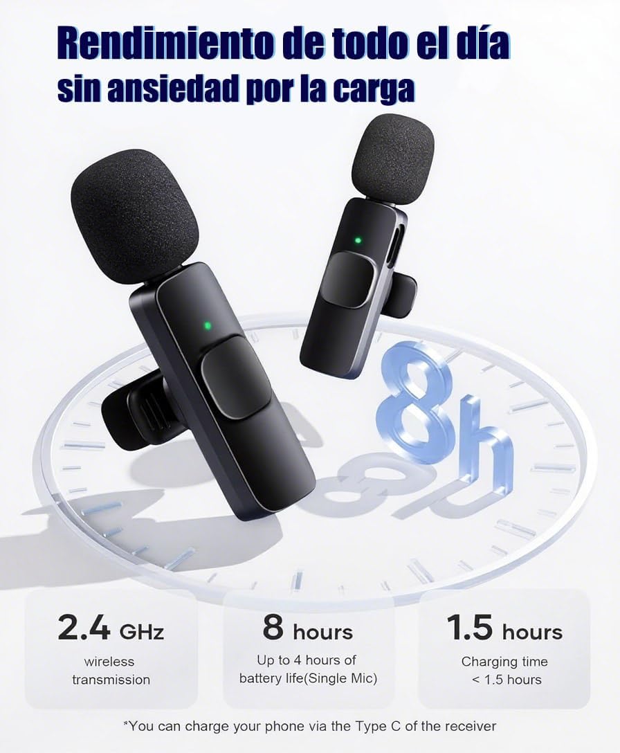 LauCentral Micrófono Lavalier Inalámbrico Plug & Play, Compatible con iOS/Android, 2 Mics para Grabación de Vídeo/Vlog/Podcast, Función de Reducción de Ruido, Conexiones USB/iOS, Uso Sin Aplicaciones - Imagen 3